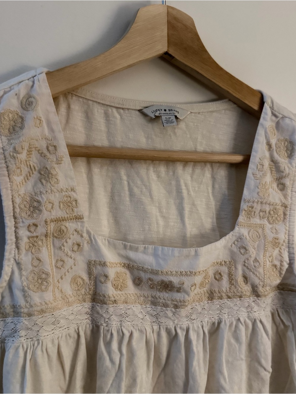 Lucky Brand Women’s Tank Top PS White Square Neck Woven Cotton Embroidered Lace